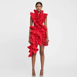 2024 Popular Red Ruffled Short Prom Dresses New Design Ruched V Neck Asymmetric Evening Party Dress Women Mini Cocktail Gowns