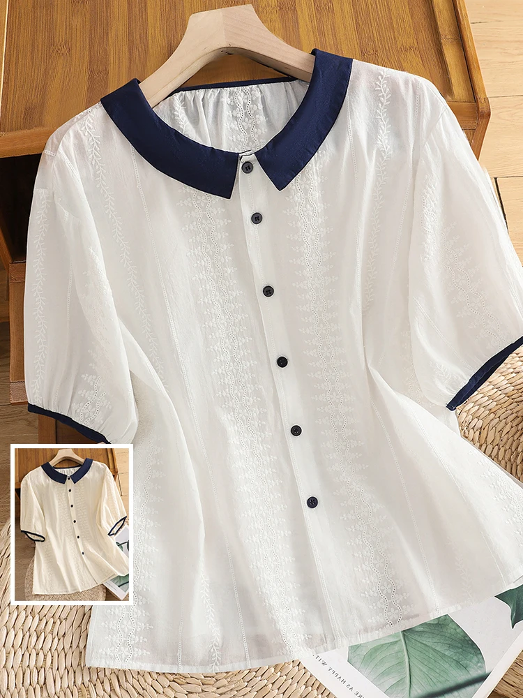 

Artistic Embroidered Hollow out Thin ort Sve irt Large Size Women's Casual Polka Dot Collar Button up Ele Top