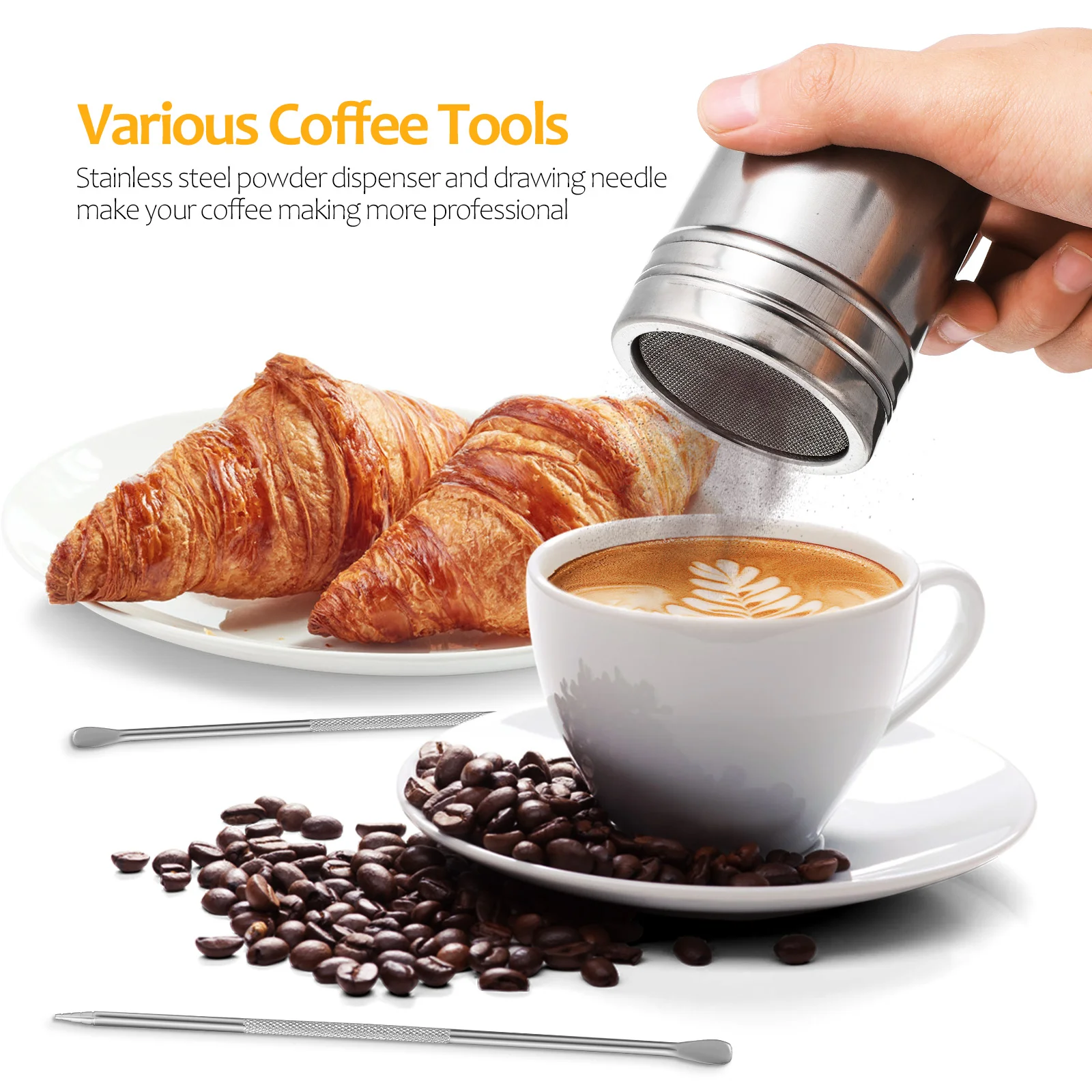 Set Coffee Template Decor Latte Stencils Stainless Steel Cake Decoration Powder Shaker Dispenser