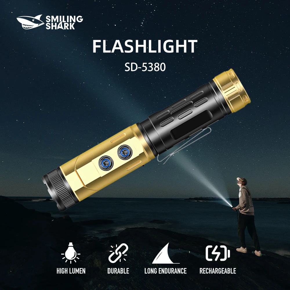 

Светодиодный фонарик Smiling Shark SD-5380GY-1, супер яркий ручной фонарик, долговечная перезаряжаемая вспышка для улицы