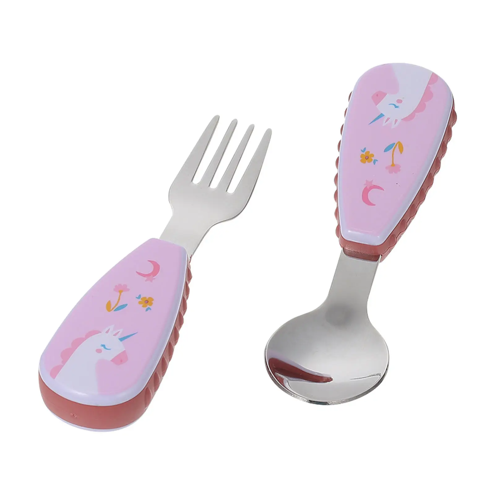 

1Set Cartoon Baby Spoon Fork Set Stainless Steel Head Plastic Handle Short Handle Training Tableware for Toddler Self Feeding