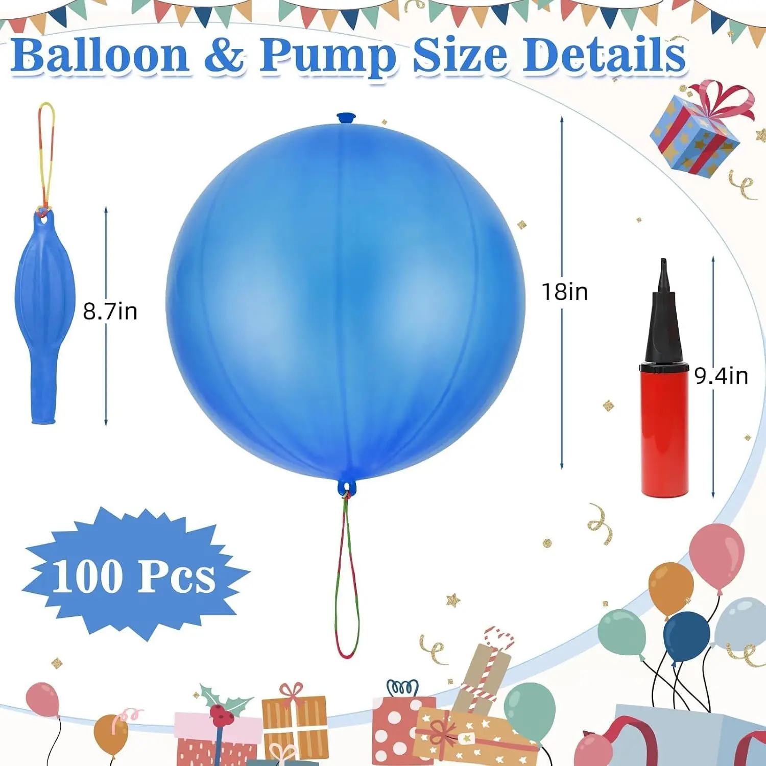 100 Pcs Punch Balloons Heavy Duty Punching Balloon Halloween Party Favors with Rubber Band Handle and Air Pump for Birthday Halloween Goodie Bag Stuffer Supply (Blue)