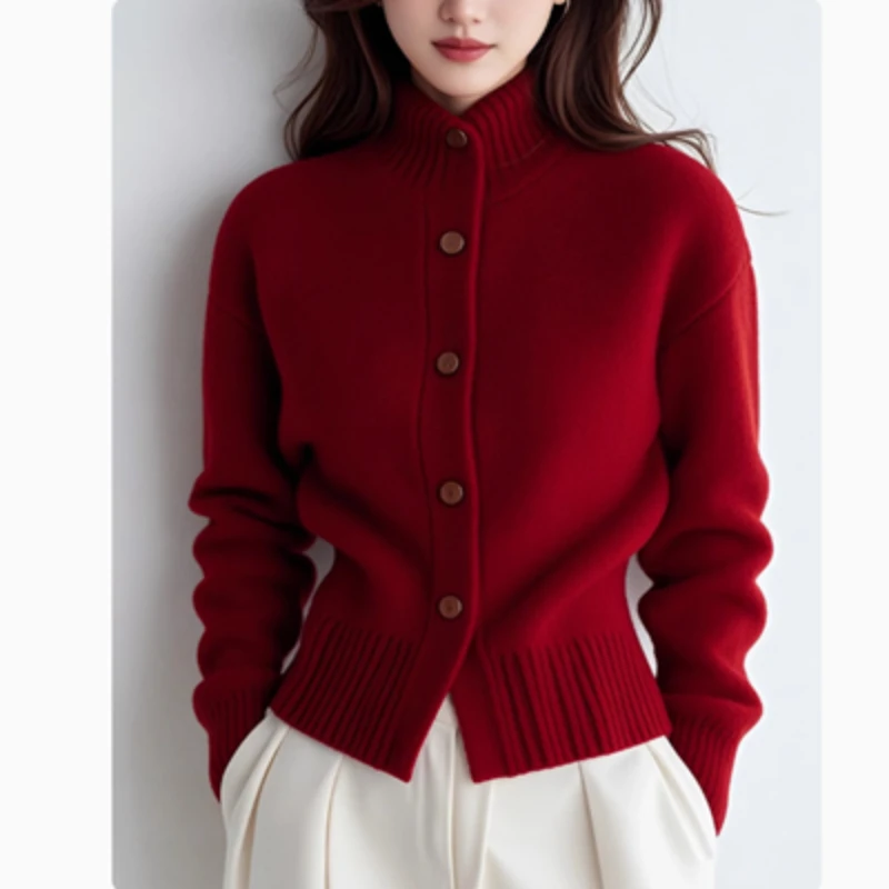 

Red retro knitted cardigan women's autumn and winter high-end sense unique temperament beautiful short style sweater