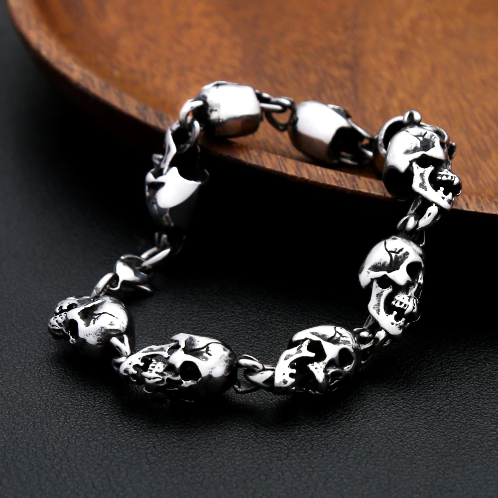 Gothic Vintage Full Skull Bracelet For Men 316L Stainless Steel Motorcycle Riding Rock Bike Hip Hop Punk Jewelry Halloween Gifts