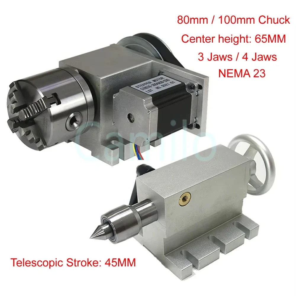 cnc-4th-a-axis-rotary-axis-3-4-jaw-80mm-100mm-chuck-cnc-indexing-head-mt2-tailstock-telescopic-stroke-45mm-nema-23-stepper-motor