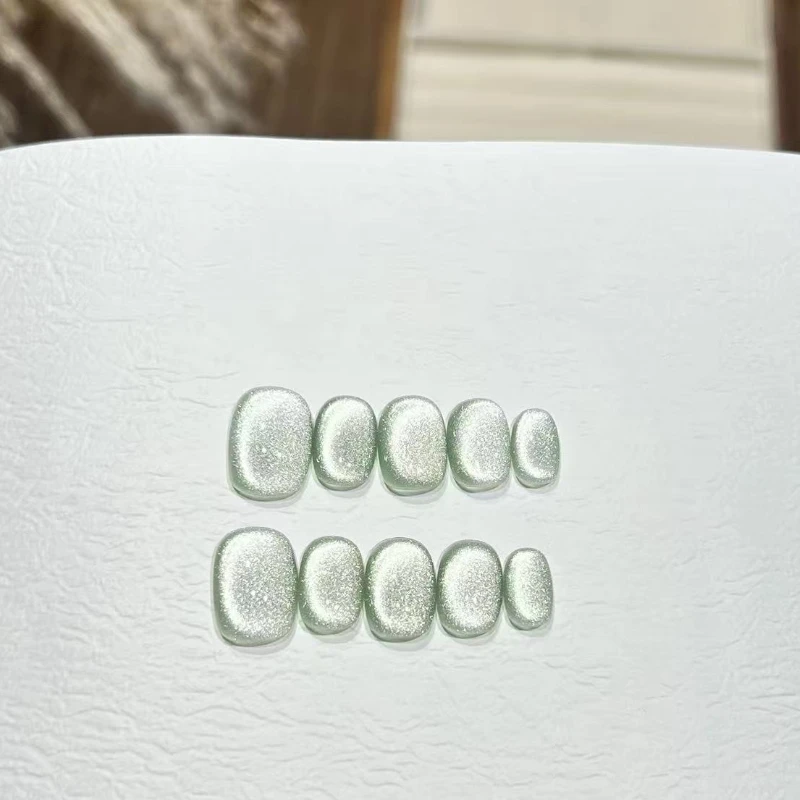 10개입 심플 핑크 캣아이 핸드메이드 프레스온 네일 스윗 글리터 퓨어 컬러 숏 스퀘어 라운드 인조 손톱 착용 가능한 부드러운 손톱