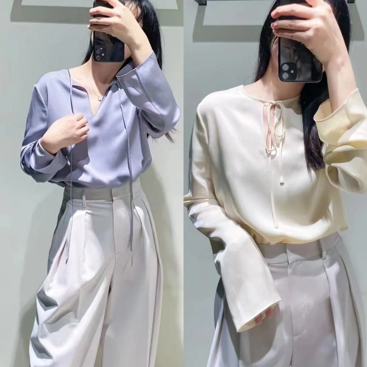 BirdTree, Women Silky Blouse, 19.5MM 92.3%Real Silk, Solid Chic Shirts, 2024 Spring Summer Office Lady Top, Cream White T42935QM