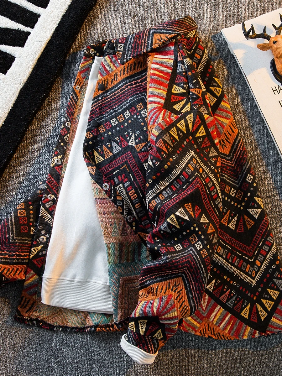 

Men's Premium Tribal Woven Shirt Jacket Retro Ethnic Geometric Pattern Long Sleeve Oversized Hippie Shirt Boho Casual Outerwear