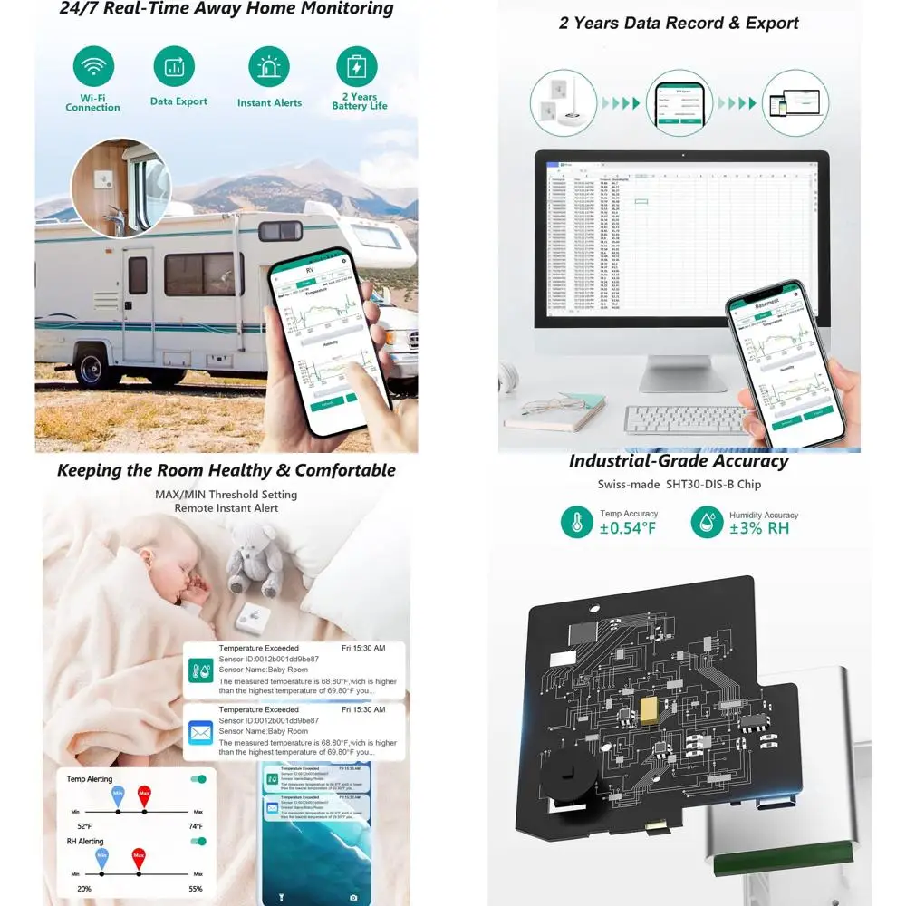 

Wireless Temp & Humidity Monitor with Email Alerts, 2-Year Battery Life, Data Export, No Fees, Ideal for RVs, Greenhouses & HVAC