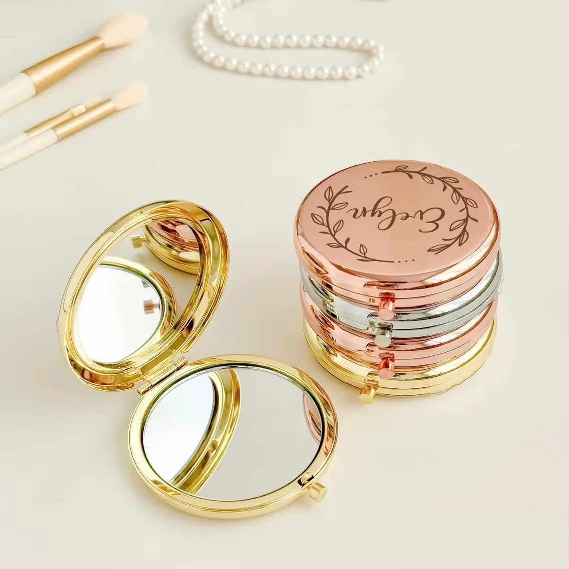 Miroir de maquillage miniature personnalisé gratuit, miroir compact portable, miroirs cosmétiques double face, miroirs de maquillage cosmétiques, cadeau pour femmes