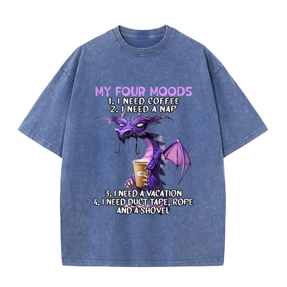 My Four Moods I Need Coffee A Nap Dragon Lover T-Shirt Small Clothing ملابس Round Neck Cotton Funny Quote Tee Short Sleeve