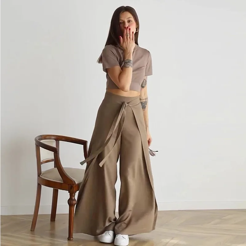 2025 Summer Solid Color Fashion Lace-up Wide-leg Culottes Women's New European and American