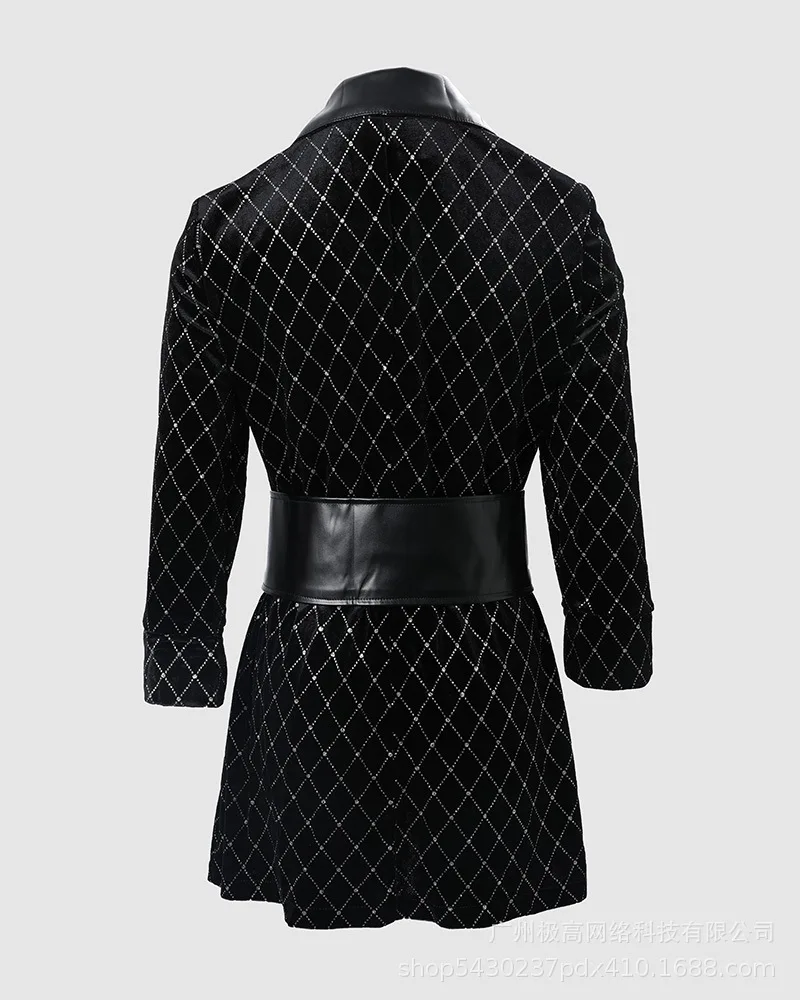 Women Elegant Plaid Pattern Pu Leather Colorblock Glitter Blazer Dress Long Sleeve Blazers Dress Black Elegant Dresses for Women