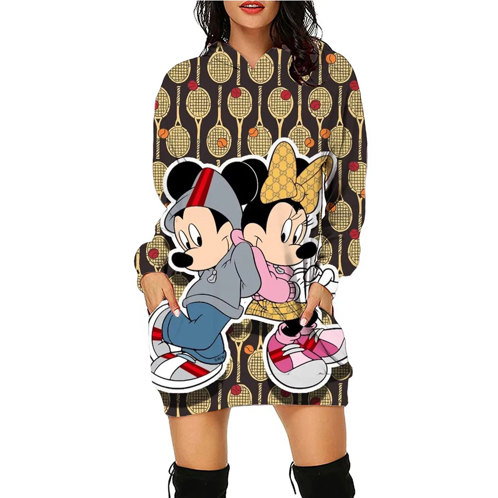 Autumn Winter Disney Mickey Mouse Mickey Print Hoodie Sweater Dress Casual Street Style Fashion Simple Ladies Sweater Dress