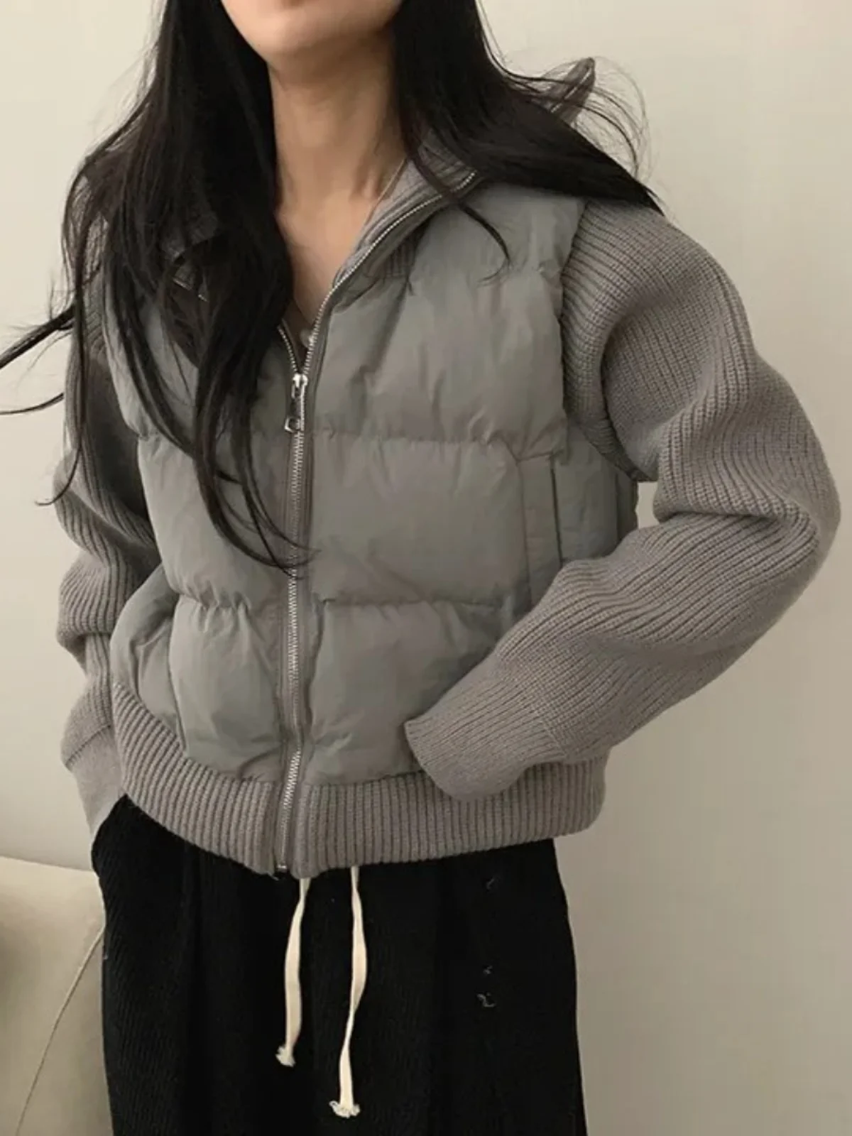 Thickened Knitted Bread Style Jacket High Collar Splicing Design Women's Cotton Coat Slimming Zipper Sense Winter Outerwear
