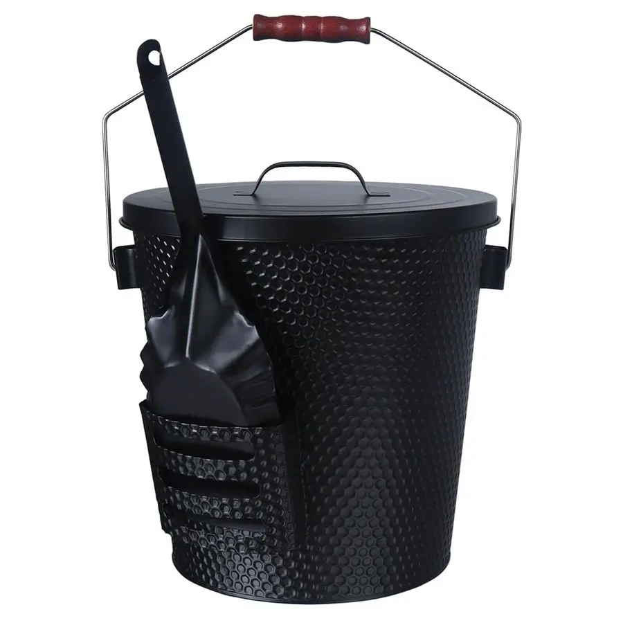 

Gallon Ash Bucket with Lid Shovel, Broom, and Gloves, Heavy Duty Galvanized Iron, FireResistant, Black Finish Perfect for Firepl