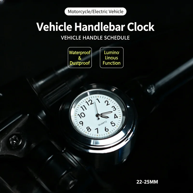 22-25mm Universal Motorcycle Handlebar Mount Watch, Waterproof Luminous Clock & Thermometer Temp Gauge for Motorcycle Handlebars