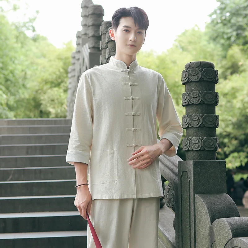 2026 New Single Blouse Spring, Summer, Autumn Cotton and Linen Chinese Knot Button Shirt Men's Ethnic Retro Suit