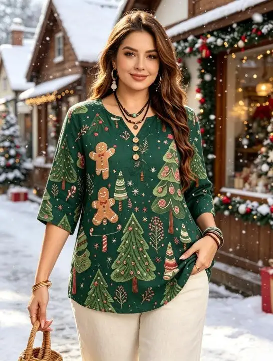 Cute Christmas Element All Over Print Women Blouse 3/4 Sleeve Notch V Neck Decor Button Winter Holiday Tops