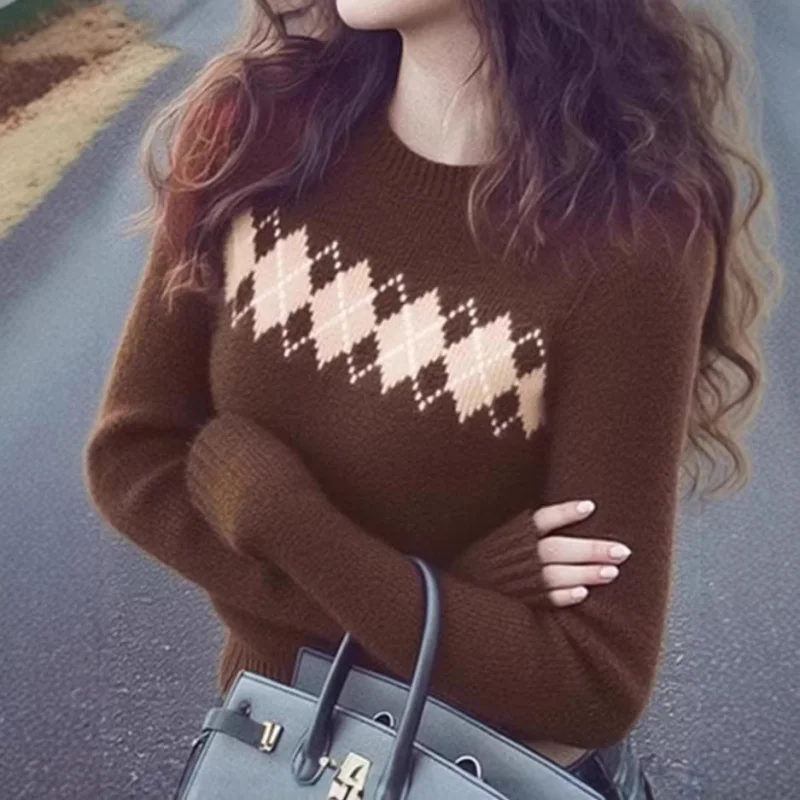 

Коричневый вязаный свитер в клетку Melard для женщин, базовый слой для осени и зимы, стильный и элегантный топ для миниатюрных фигур.