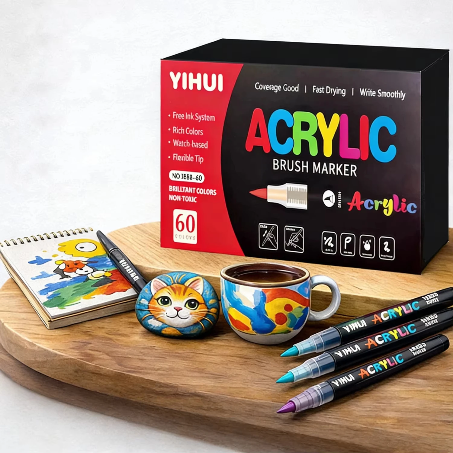 Ensemble de marqueurs acryliques à pointe pinceau, 12 à 60 couleurs, fournitures artistiques pour la peinture sur roche, bois, toile, verre, céramique, coloriage pour adultes et travaux manuels DIY