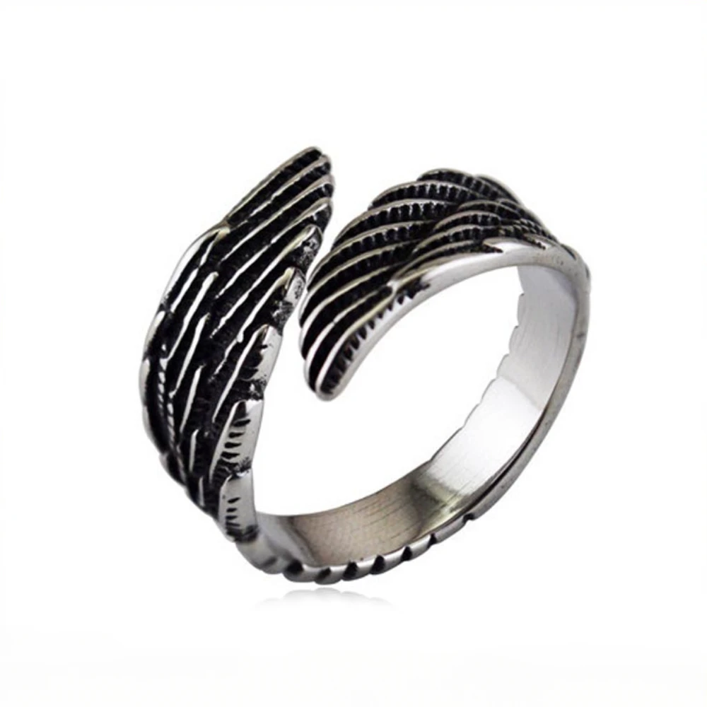 

Personalized Retro Wing Feather Open Ring, Stainless Steel Men's Ring Size 6-13