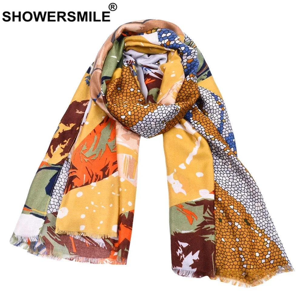 SHOWERSMILE Sciarpa da donna Verde militare in cotone e lino Stampa geometrica Scialle da donna Vacanza 2024 Nuova primavera Autunno Pashmina femminile