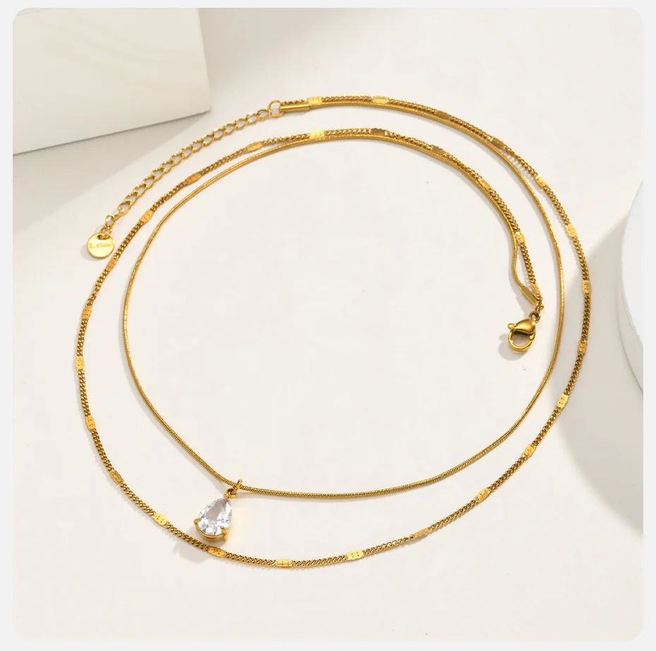 Vnox Trendige Doppelschichtige Halskette für Damen, 18K Vergoldet, Tropfenförmiger Zirkon, Runde Schlangenkette, Choker-Halskette, Y2K-Schmuck – Detail 6