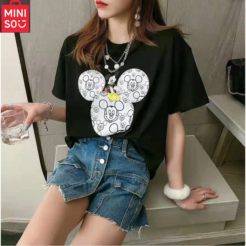 

MINISO Minnie Mouse Silk Simple and Elegant Women's T-shirt, Casual Base Shirt, Round Neck Shirt, Korean Color Scheme