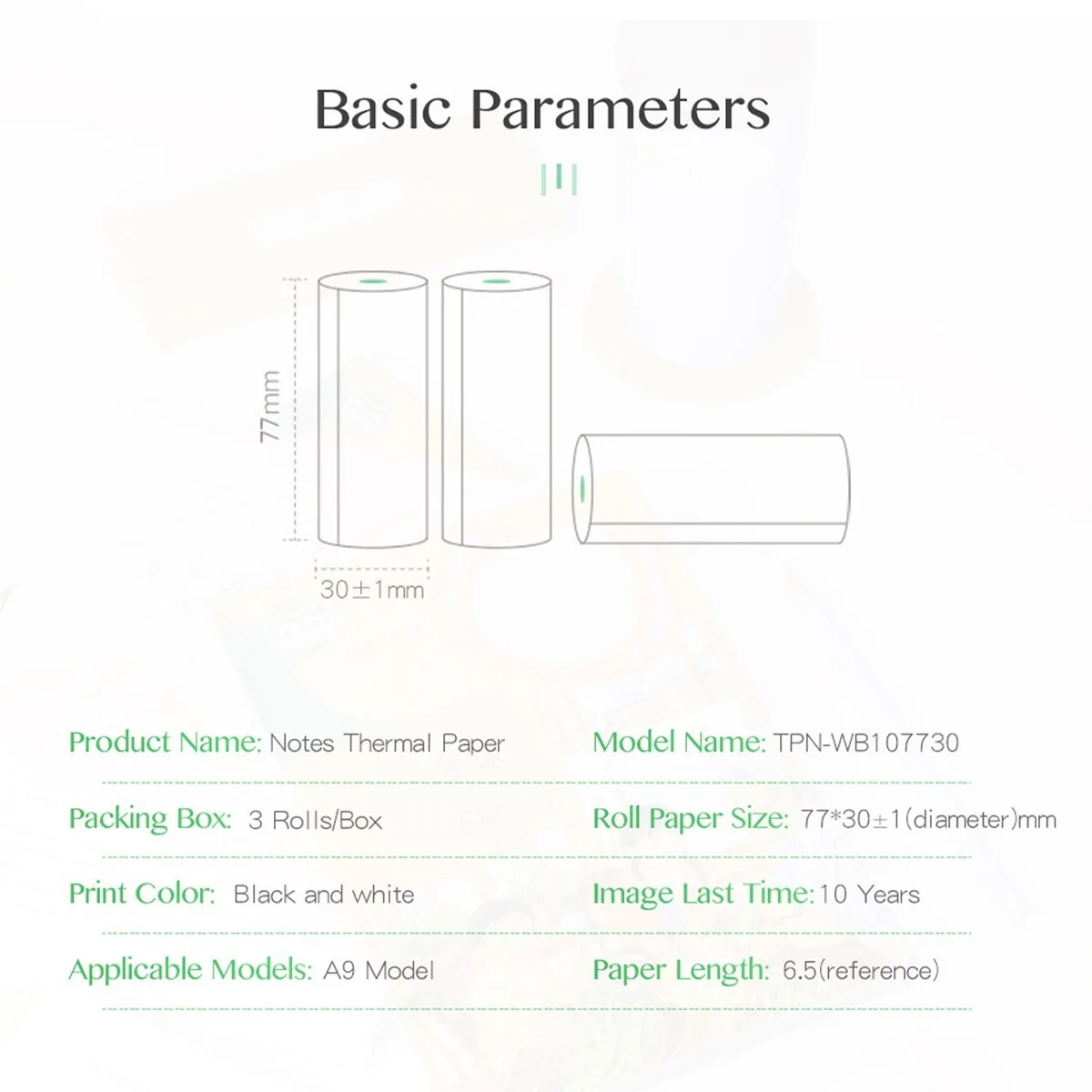 77mm Notes Photo Thermal Printer Paper,Non-Adhesive,Peripage A9 A9Pro Photo Printer Thermal Paper,10 Years Image Storage