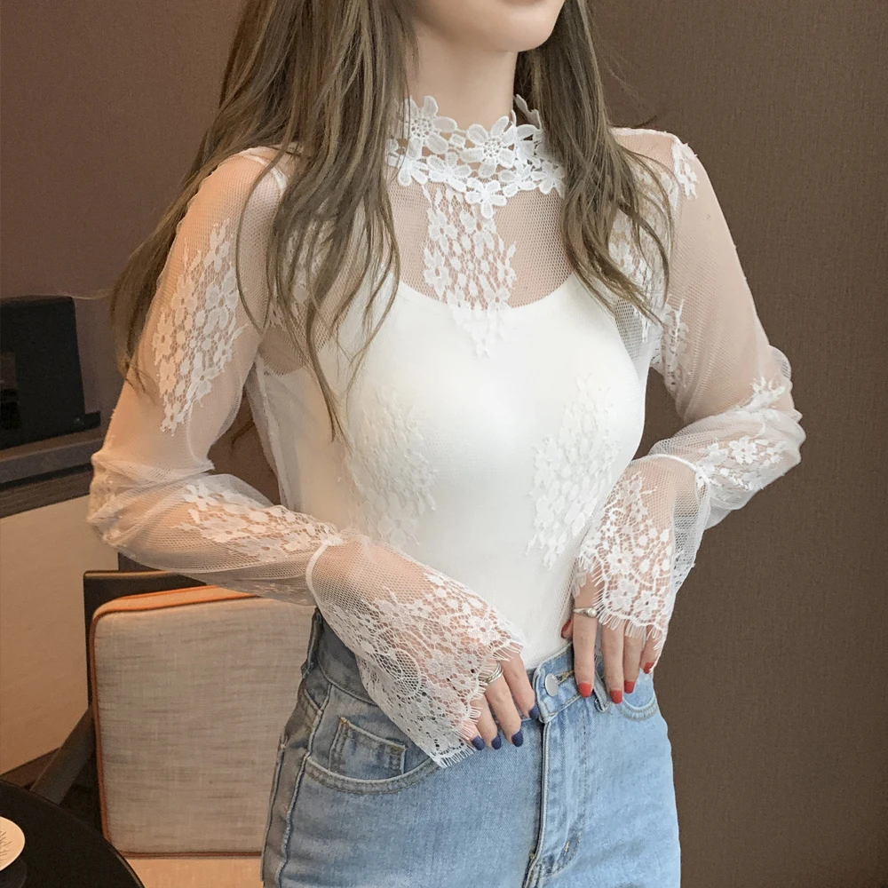 

Flare Sleeve See Through Flower Lace T Shirts Women Turtleneck Daily Tee Girl Elastic Chic Leisure Top Black White Elegant Shirt