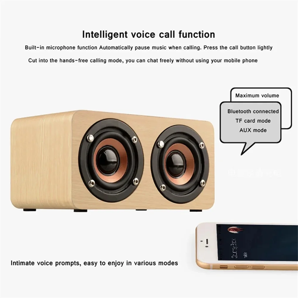 Speaker Bluetooth Kayu 6W Stereo Portabel HiFi TF Putar Panggilan Bebas Genggam Input AUX Pengeras Suara Bass Super Subwoofer Ganda