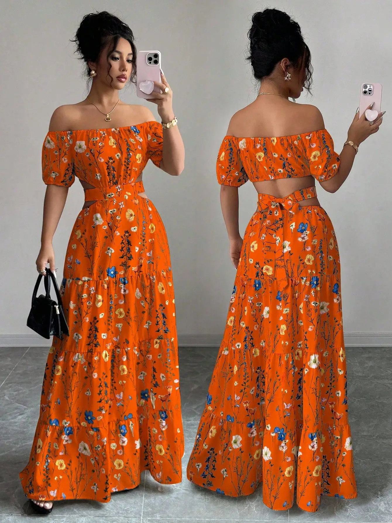 

Orange Floral Off Shoulder Maxi Dress with Backless Tie Design