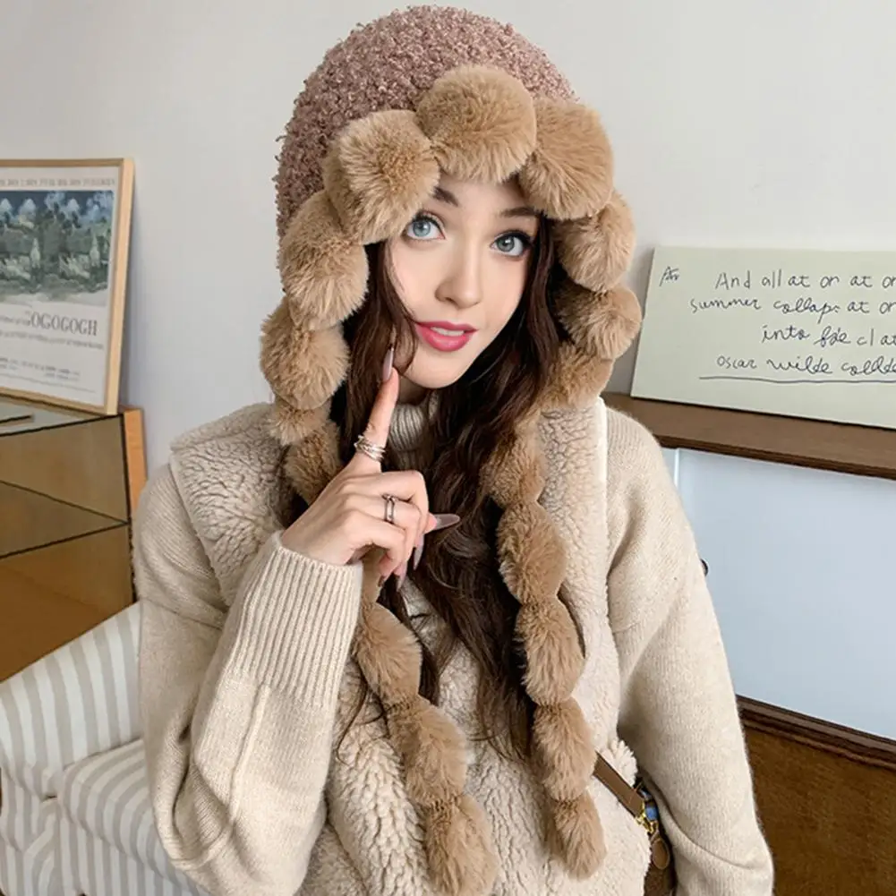 

Women Winter Hat Thickened Plush Lined with Lace up Strap Ball Decor LEi Feng Cap Full Windproof Warm Headwear