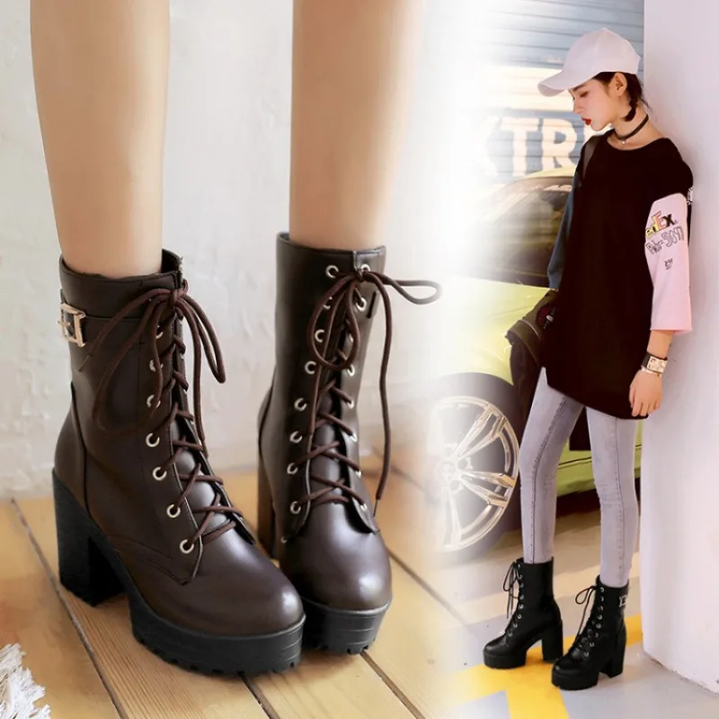 

Hot Selling Women Motorcycle Boot High Heels Women Ankle Boot Lace Up Fall Winter Platform Ladies Boots Large Size Fashion Shoes