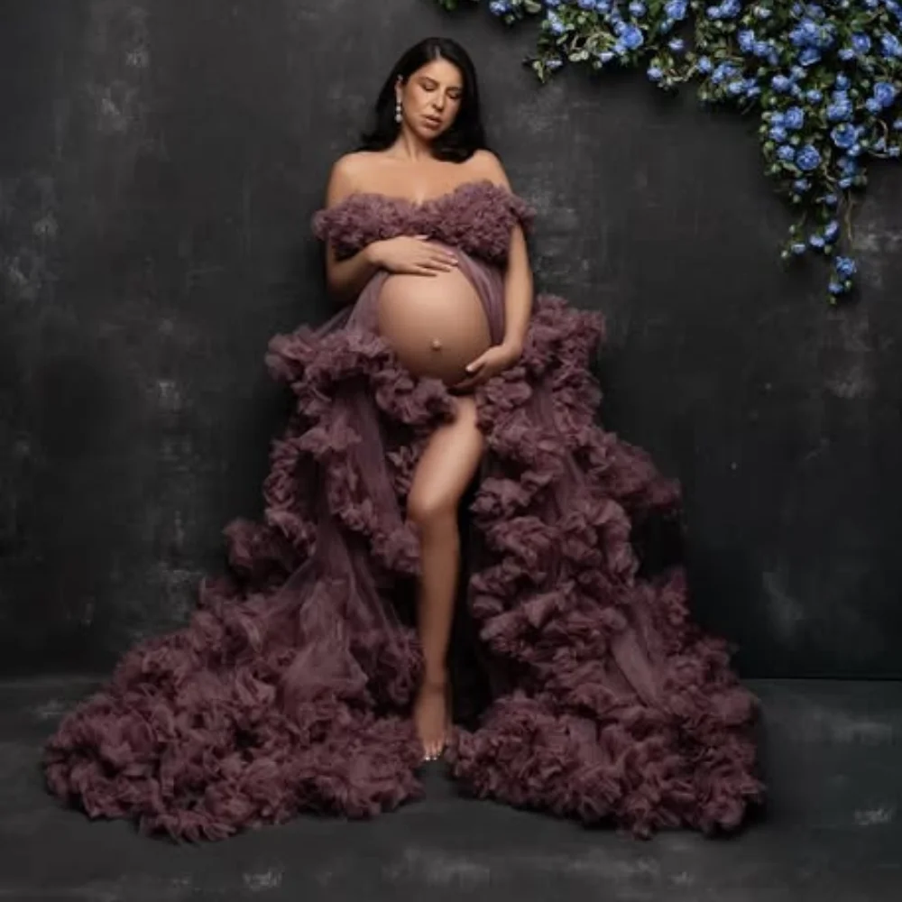 

Dusty Purple Maternity Dress for Photoshoot Front Split Tulle Prop Pregnancy Babyshower Dress Luxury Bathrobe Customized Gown