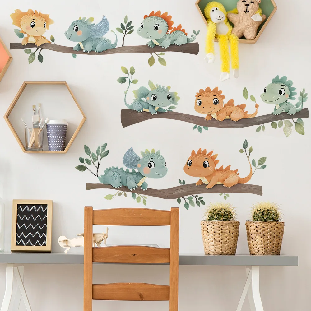 Cartoon Baby Dinosaur on The Brach Wall Sticker DIY Vinyl Cute Dino Decal Self-adhesive for Kids Room Baby Bedroom Nursery Decor