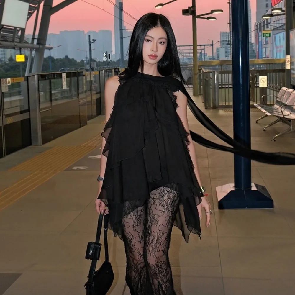 SylCue-Conjunto de 2 piezas de encaje Sexy para mujer, Tops holgados transparentes con cuello Halter y pantalón largo bordado de cintura alta, trajes de moda urbana