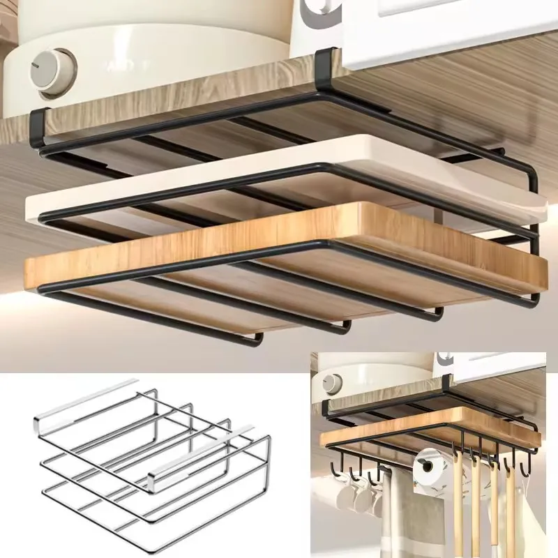 Hanging Rack Under Kitchen Cabinet Household Iron Organizer Rack Cutting Board Rack with Hooks Pot Cover Holder Storage Rack