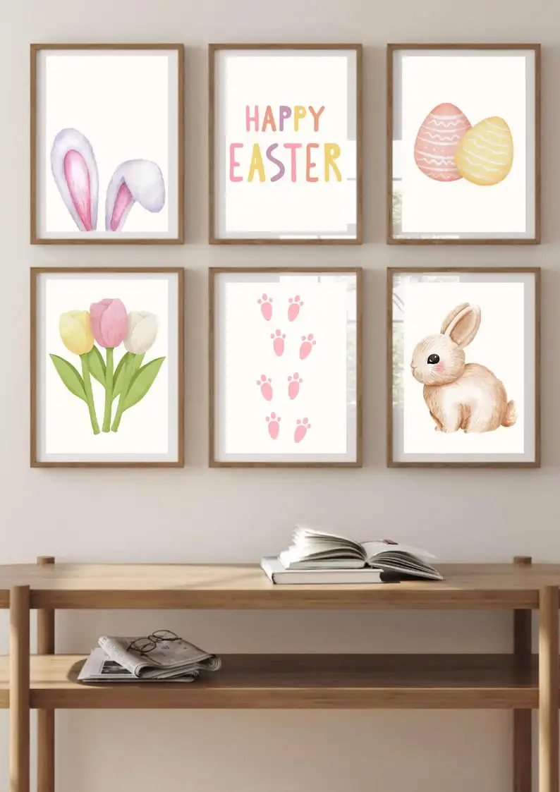 (1pc frameless)Cute Bunny Happy Easter Quote Canvas Bunny Egg Ear Footprints Flower Plant Wall Art Poster for Modern Living R