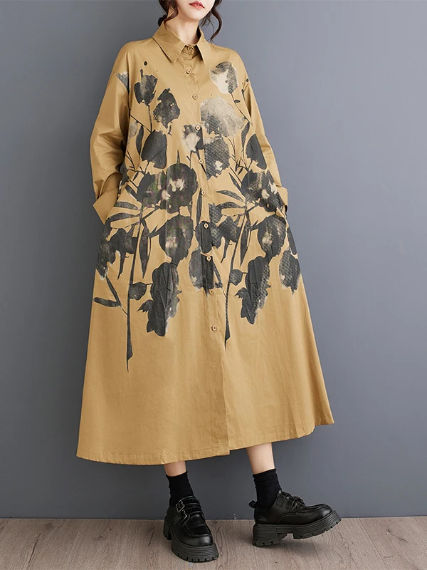 

Sweet Casual Long Sve Printed irt Dr Women's Spring Autumn Patchwork Straight Cut oulder Relaxing Sle Casual Wind