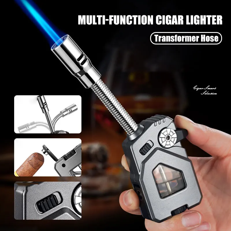 Creative Curved Hose Cigarette Lighter Windproof Blue Flame Hidden Cigar Cutter Continuous Ignition Transparent Chamber