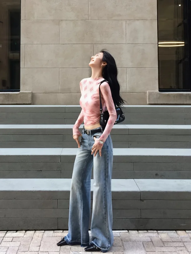 Camicetta da donna Camicia Moda Manica lunga O-Collo Tie-dye Camicetta sottile Camicia Donna Top Camisas Blusa Blusas Para Mujer Blusas Q1859