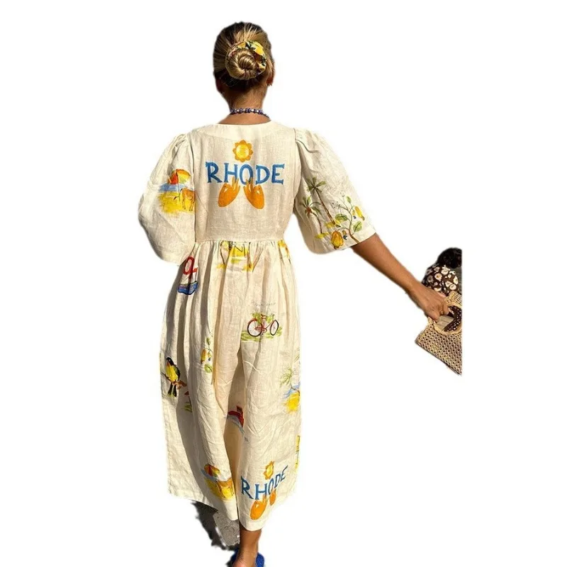 Abito sexy da donna Europa e America Primavera ed estate Per il tempo libero Manica a sbuffo Sciolto e confortevole Stampa alla moda