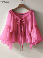 ZANZEA 2025 Summer Seethrough V-neck Pleating Blusas Women Vintage Chiffon Blouse Casual Loose 3/4 Flare Sleeve Short Tops Femme
