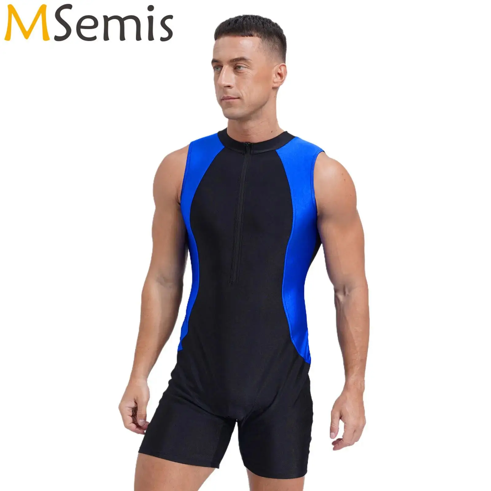 

Men's Swimsuit Splicing Color Athletic Swimming Bathing Suit Swimwear One-piece Rompers Crew Neck Front Zipper Bodysuit Jumpsuit