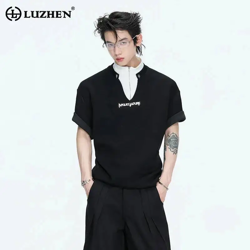 

LUZHEN 2026 Summer Metal Logo Patchwork Double Collar Short Sleeve T-shirts Men's Fashion Handsome Round Neck Male Tops JY6534
