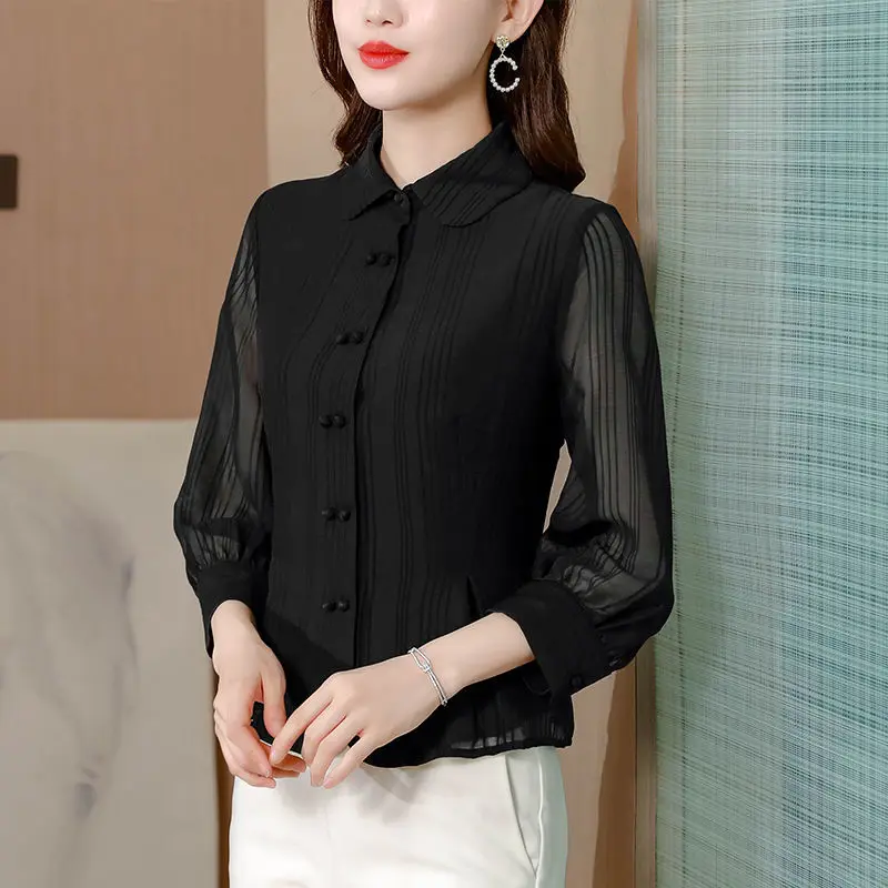 Office Lady Fashion Chiffon Dunne Lente Herfst Vrouwen Kleding Slanke Trend Grace Eenvoudige Effen Kleur Blouses Populariteit Shirt