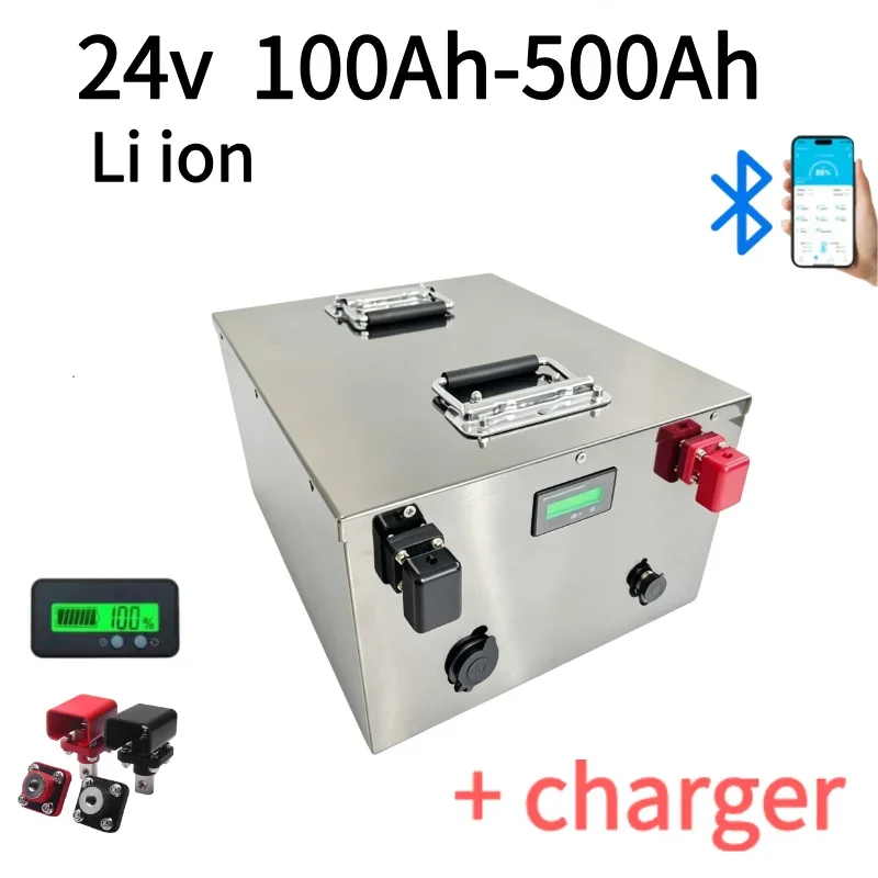 24V Rechargeable Lithium Battery Pack 80Ah-500Ah with BMS And Charger for Solar RV Boat Trolling Motor Off-Grid Power System