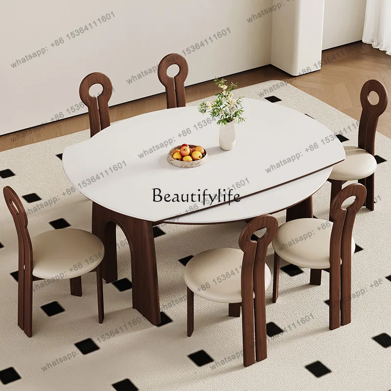 D30 Medieval style solid wood dining table American French cream retro rock slab table variable round